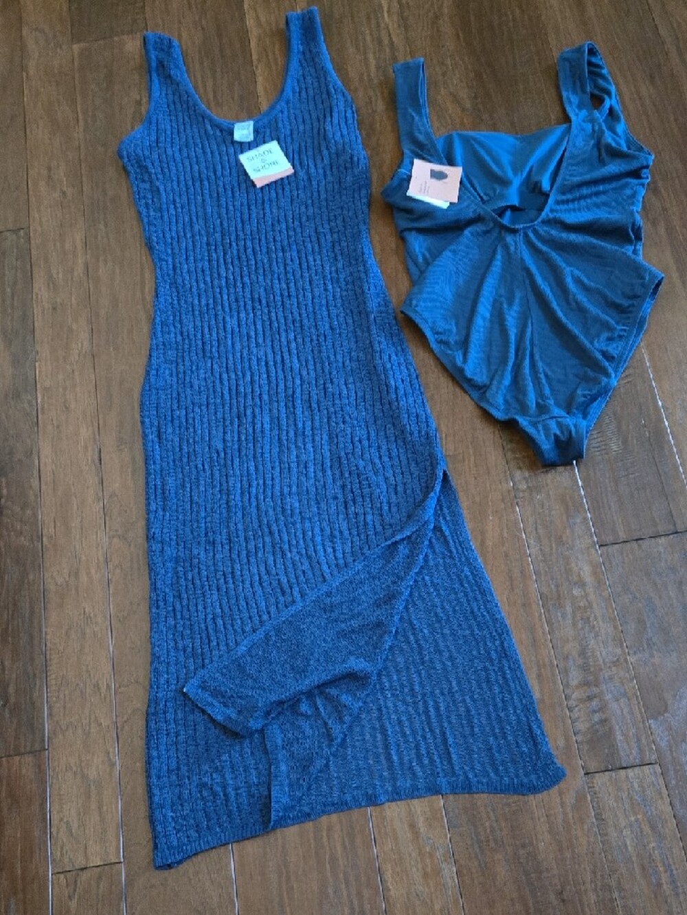 Shade & Shore Teal Blue Ribbed Knit Coverup with Matching Swimsuit High Leg Set - Picture 5 of 5